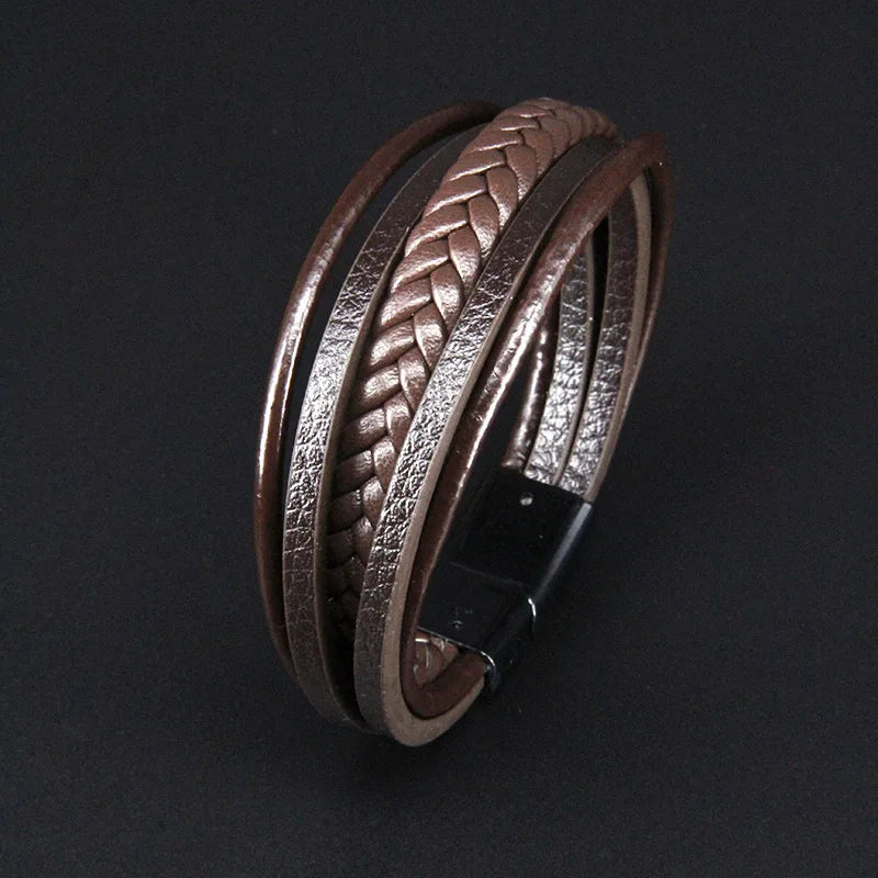 Pulseira clássica de homem em pele multicamadas com fecho magnético, pulseira em pele de bovino