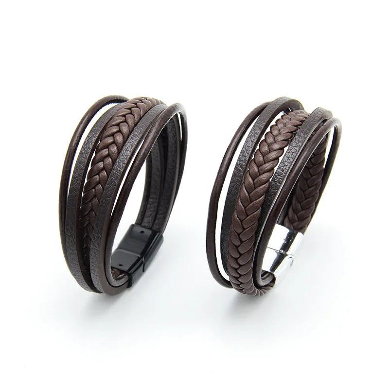 Pulseira clássica de homem em pele multicamadas com fecho magnético, pulseira em pele de bovino