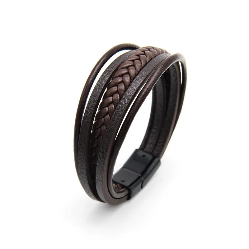 Pulseira clássica de homem em pele multicamadas com fecho magnético, pulseira em pele de bovino