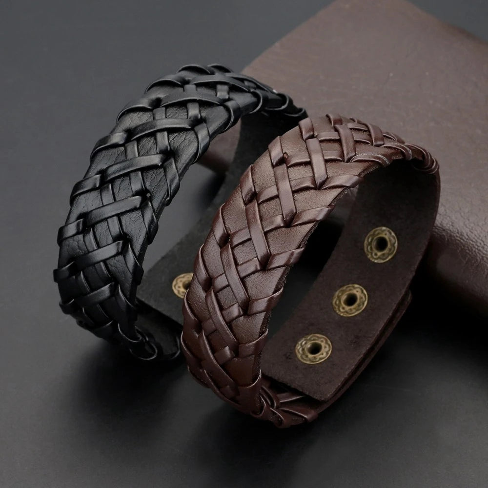 Pulseira rígida masculina vintage feita à mão em couro liso trançado