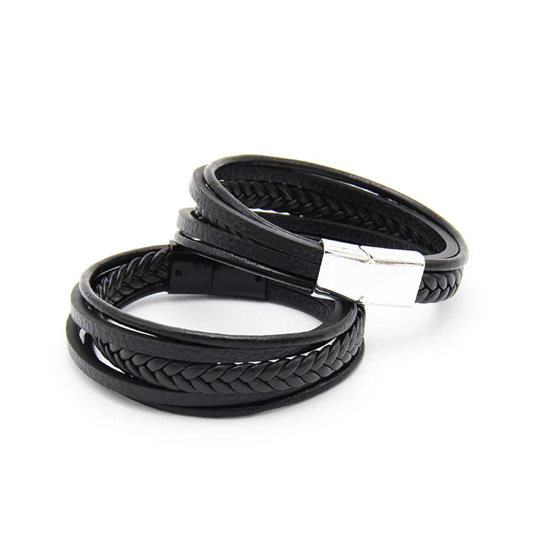 Pulseira clássica de homem em pele multicamadas com fecho magnético, pulseira em pele de bovino