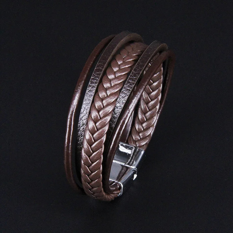 Pulseira clássica de homem em pele multicamadas com fecho magnético, pulseira em pele de bovino