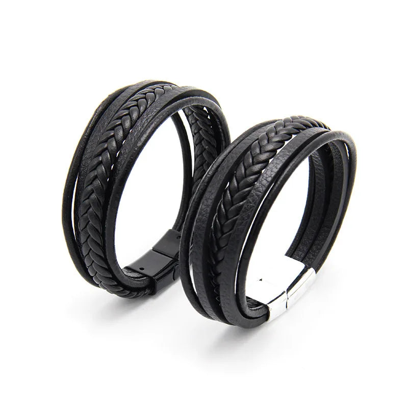 Pulseira clássica de homem em pele multicamadas com fecho magnético, pulseira em pele de bovino