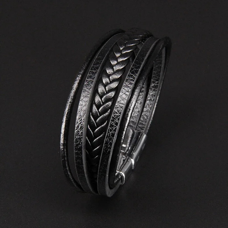 Pulseira clássica de homem em pele multicamadas com fecho magnético, pulseira em pele de bovino