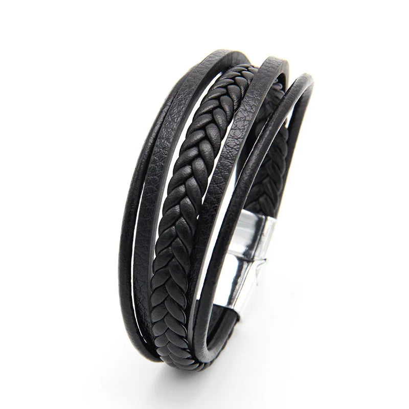 Pulseira clássica de homem em pele multicamadas com fecho magnético, pulseira em pele de bovino