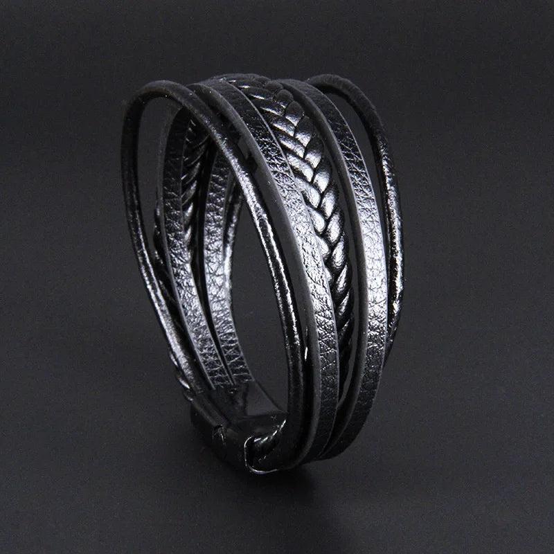 Pulseira clássica de homem em pele multicamadas com fecho magnético, pulseira em pele de bovino