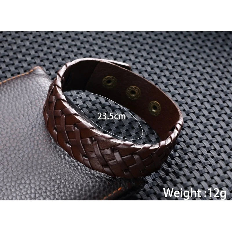 Pulseira rígida masculina vintage feita à mão em couro liso trançado