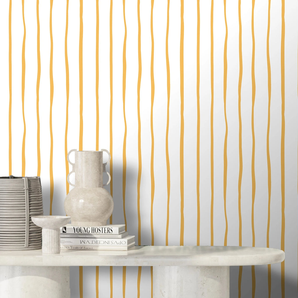 Papel de parede autocolante com riscas verticais amarelas, decoração de parede elegante