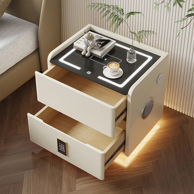 Mesa de cabeceira inteligente em madeira maciça, estilo nórdico, com carregamento sem fios, 2 gavetas, fecho com sensor e iluminação