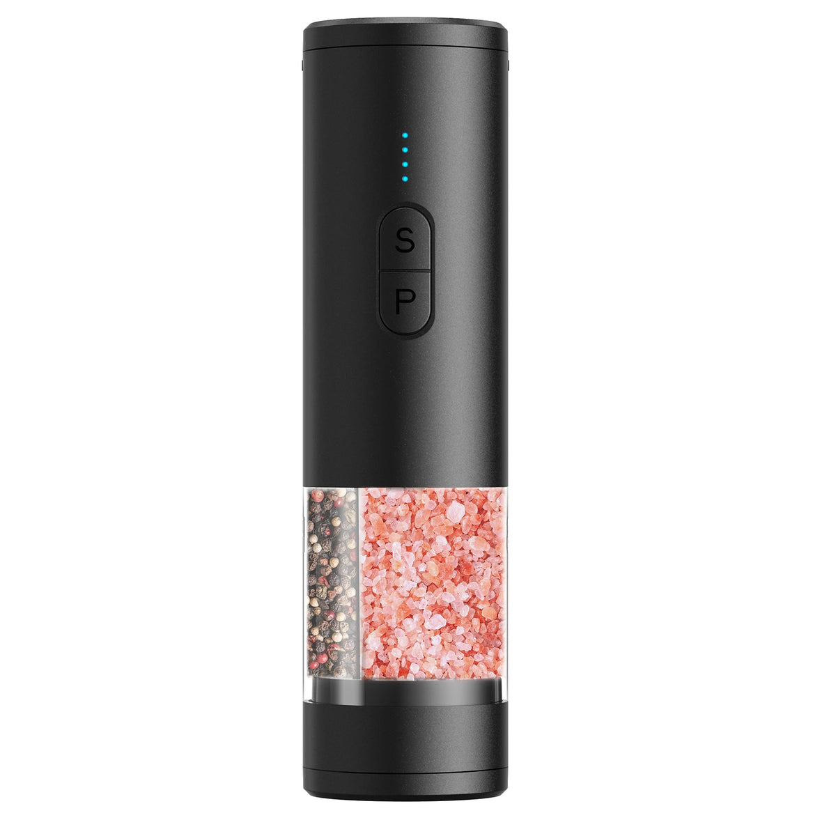 Moinho elétrico automático 2 em 1 de pimenta e sal com câmara dupla e cabeças de moagem separadas, USB, ajustável e operado com uma só mão para cozinha.