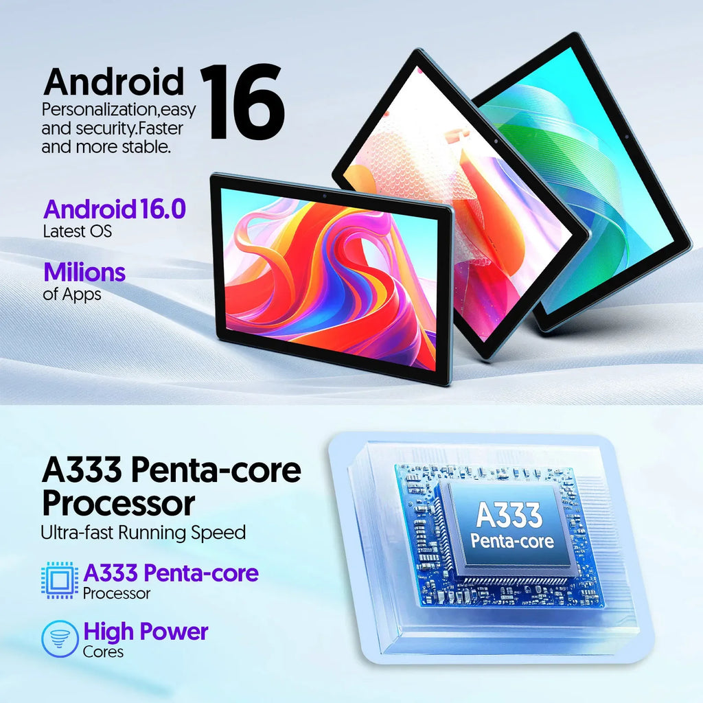 Tablet 2026 Android 16, ecrã de 10", 12 GB RAM + 64 GB ROM, câmara dupla, bateria 6000 mAh