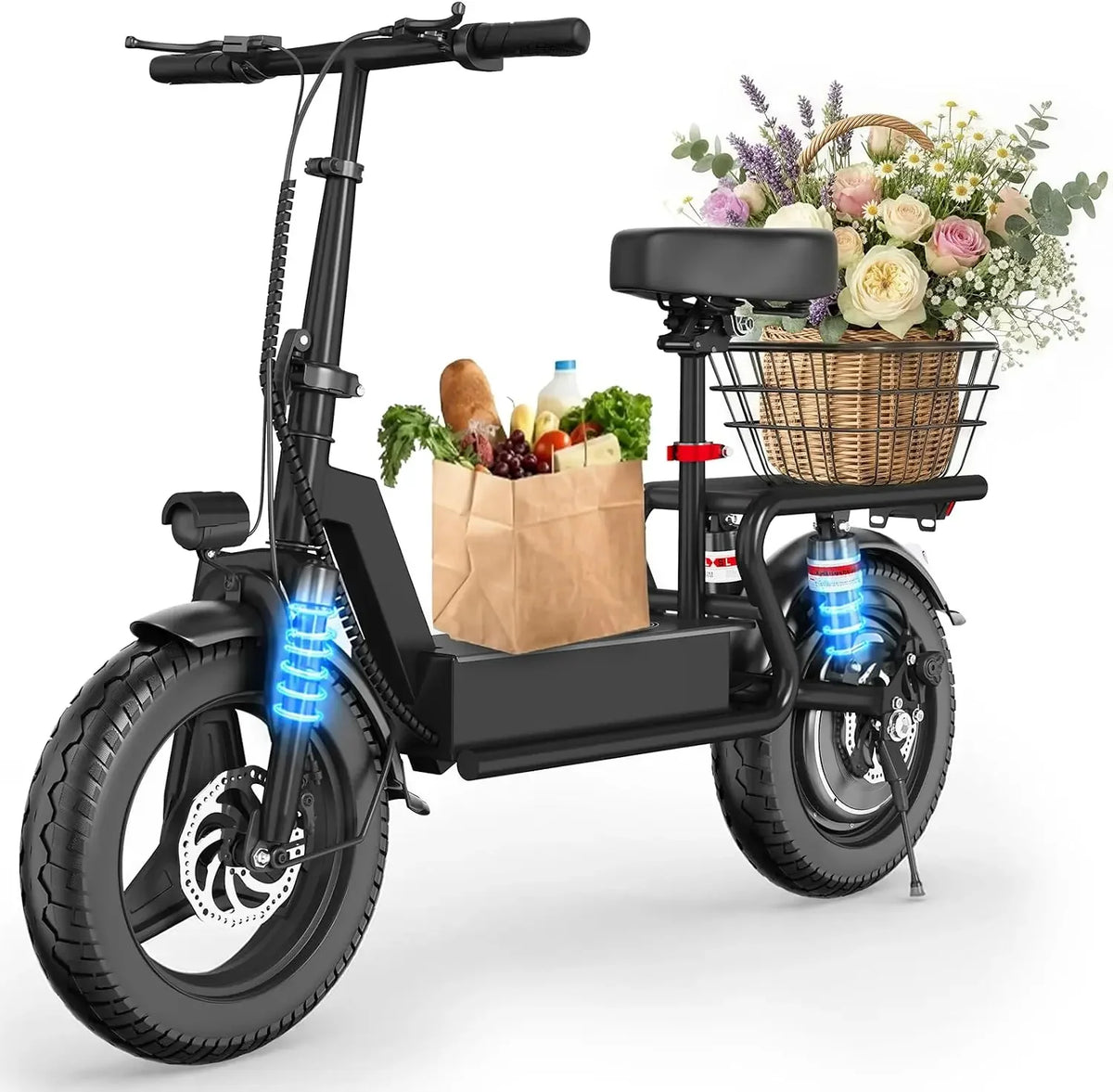 Trotinete elétrica com banco para adultos, motor de 1000 W de potência máxima, velocidade máxima de 40 km/h e autonomia de 56 km