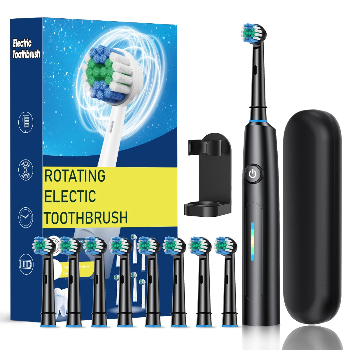 Escova de dentes elétrica rotativa para adultos, limpeza profunda, recarregável, com temporizador inteligente e 8 cabeças de escova