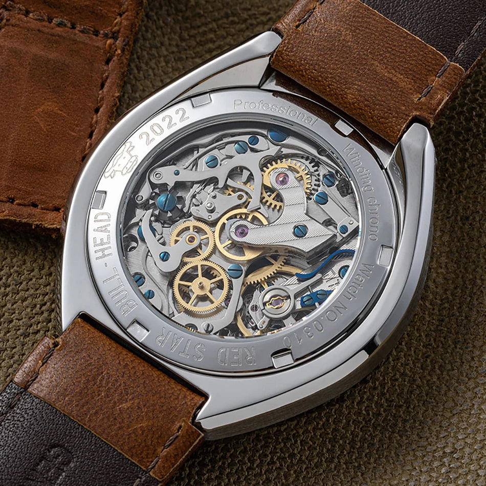 Relógio RED STAR 42mm Bull Head com Movimento Seagull 1963 Cronógrafo Mecânico st1901 Militar Luminoso Masculino Ganso