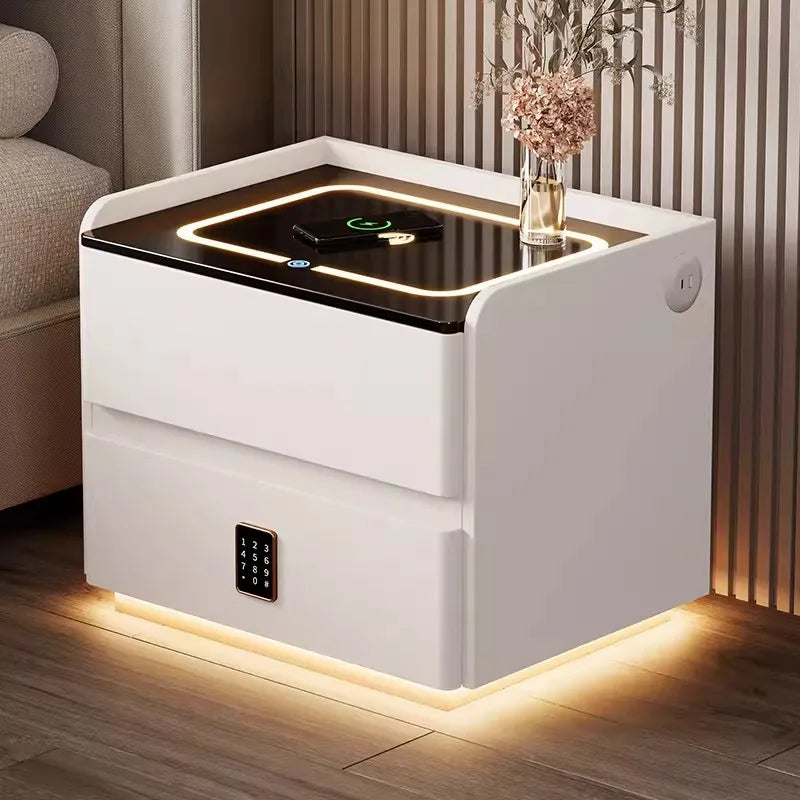 Mesa de cabeceira inteligente em madeira maciça, estilo nórdico, com carregamento sem fios, 2 gavetas, fecho com sensor e iluminação
