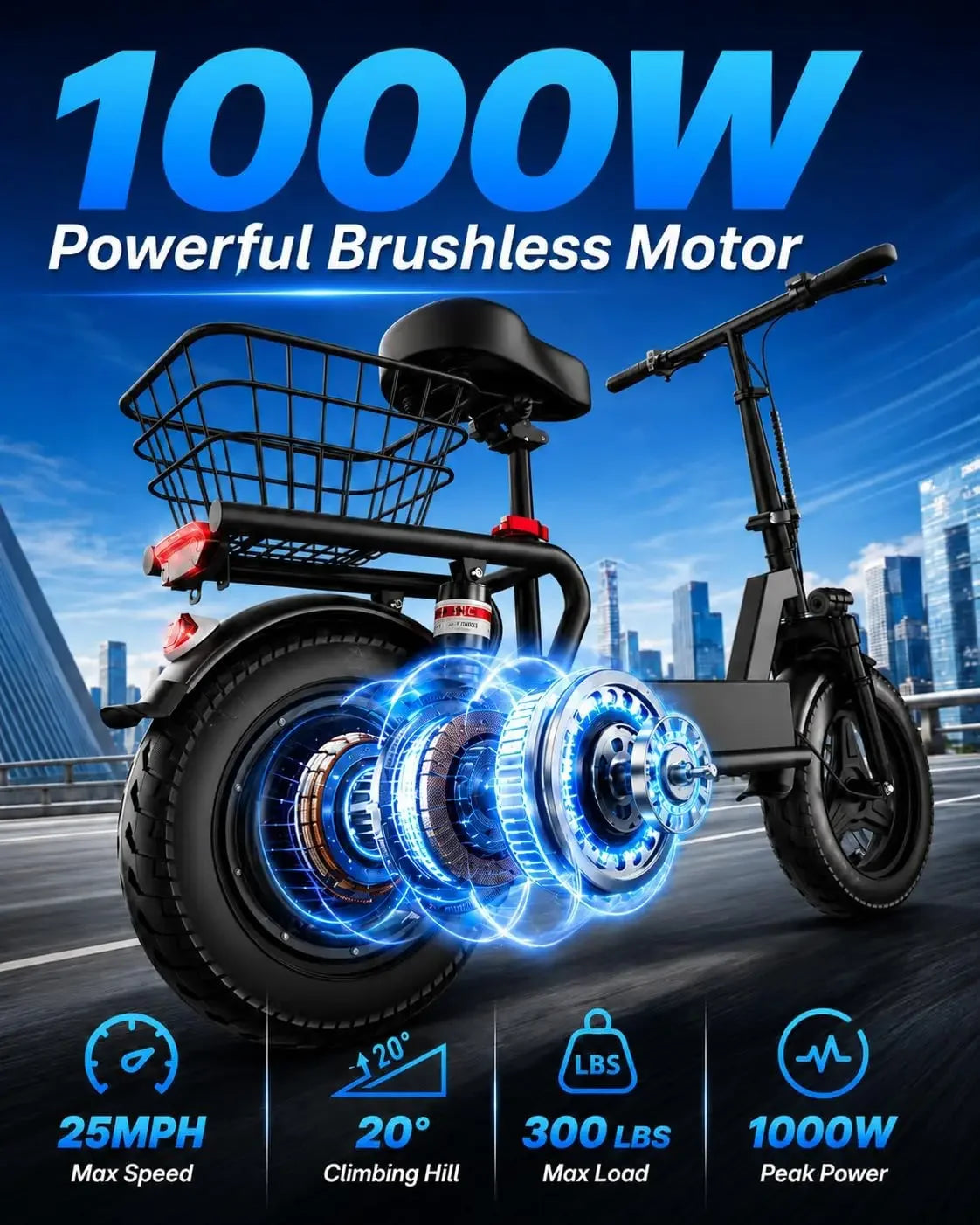 Trotinete elétrica com banco para adultos, motor de 1000 W de potência máxima, velocidade máxima de 40 km/h e autonomia de 56 km