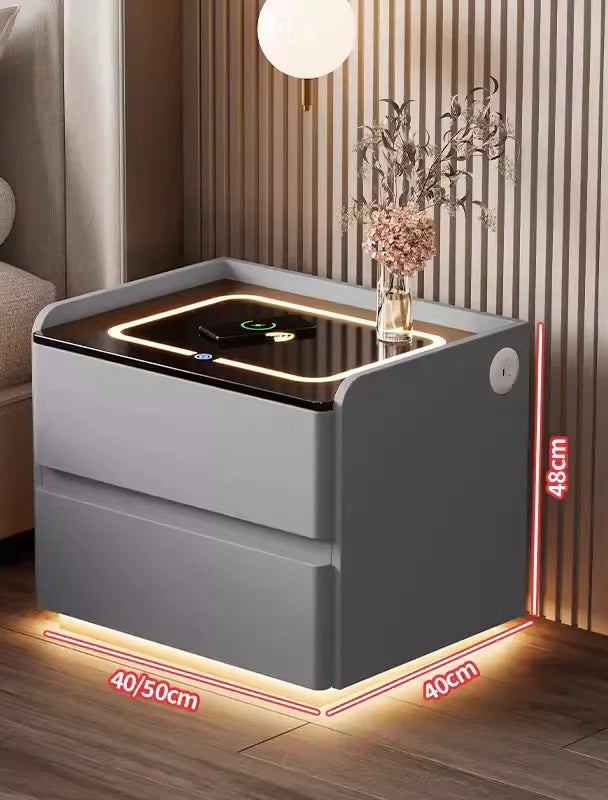 Mesa de cabeceira inteligente em madeira maciça, estilo nórdico, com carregamento sem fios, 2 gavetas, fecho com sensor e iluminação