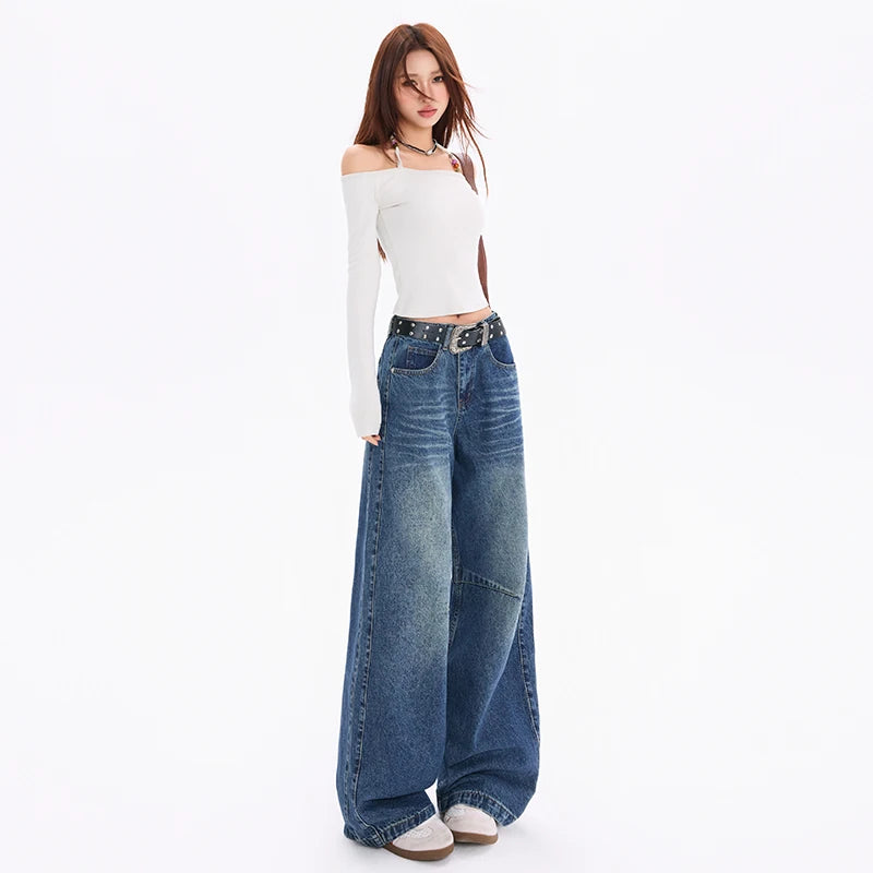 Calça de ganga de mulher estilo vintage americano com modelagem balão e pernas curvas