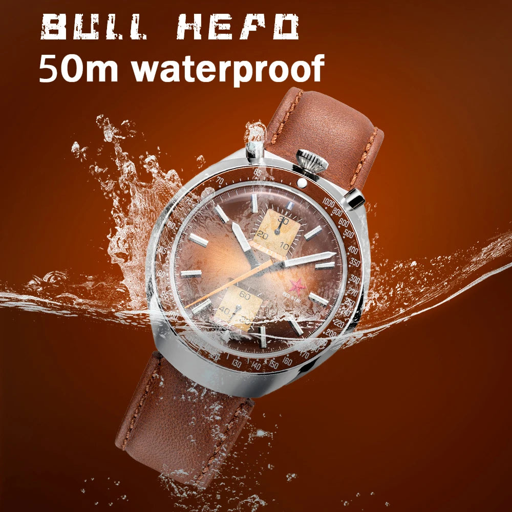 Relógio RED STAR 42mm Bull Head com Movimento Seagull 1963 Cronógrafo Mecânico st1901 Militar Luminoso Masculino Ganso