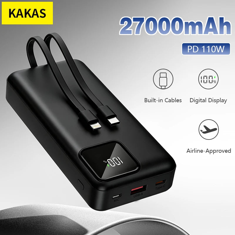Bateria externa KAKAS de 50000mAh/27000mAh com cabo integrado, aprovada para viagens aéreas, carregamento rápido