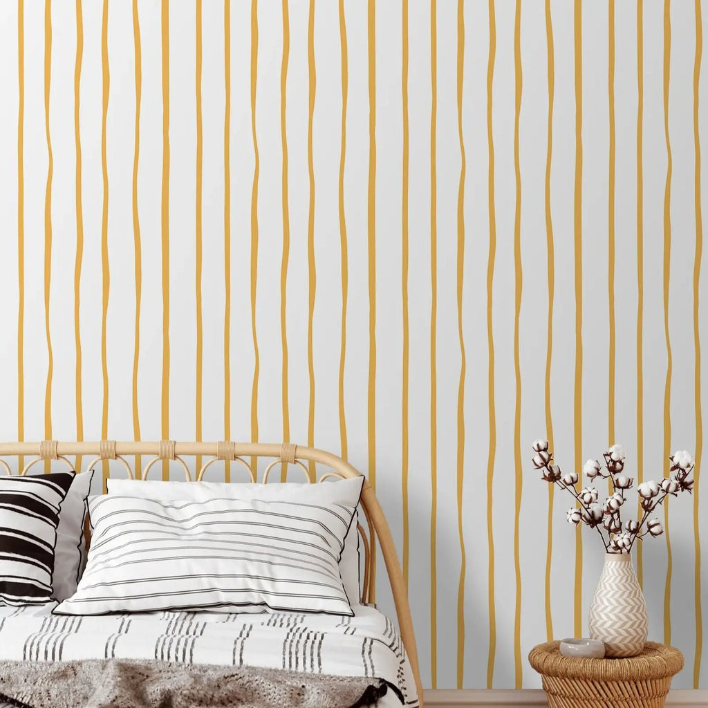 Papel de parede autocolante com riscas verticais amarelas, decoração de parede elegante