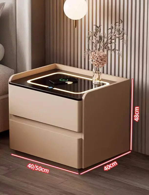 Mesa de cabeceira inteligente em madeira maciça, estilo nórdico, com carregamento sem fios, 2 gavetas, fecho com sensor e iluminação