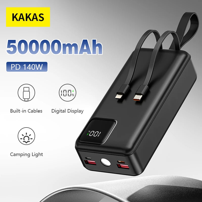 Bateria externa KAKAS de 50000mAh/27000mAh com cabo integrado, aprovada para viagens aéreas, carregamento rápido