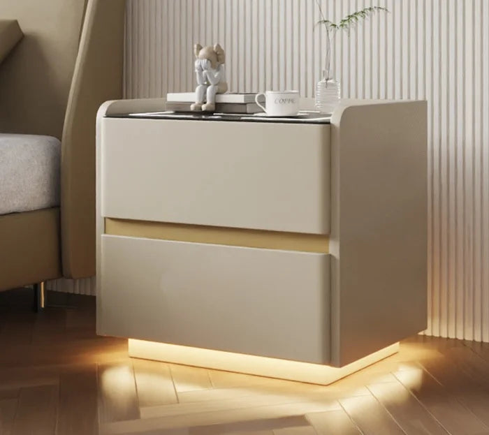 Mesa de cabeceira inteligente em madeira maciça, estilo nórdico, com carregamento sem fios, 2 gavetas, fecho com sensor e iluminação