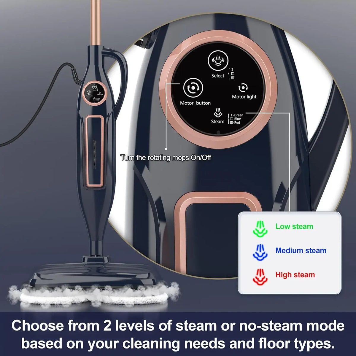Aspirador a vapor com esfregona giratória de 1300 W, potente, alta temperatura e faróis LED para pavimentos de madeira e mármore