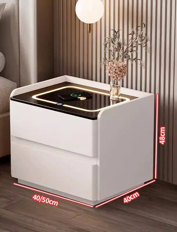 Mesa de cabeceira inteligente em madeira maciça, estilo nórdico, com carregamento sem fios, 2 gavetas, fecho com sensor e iluminação