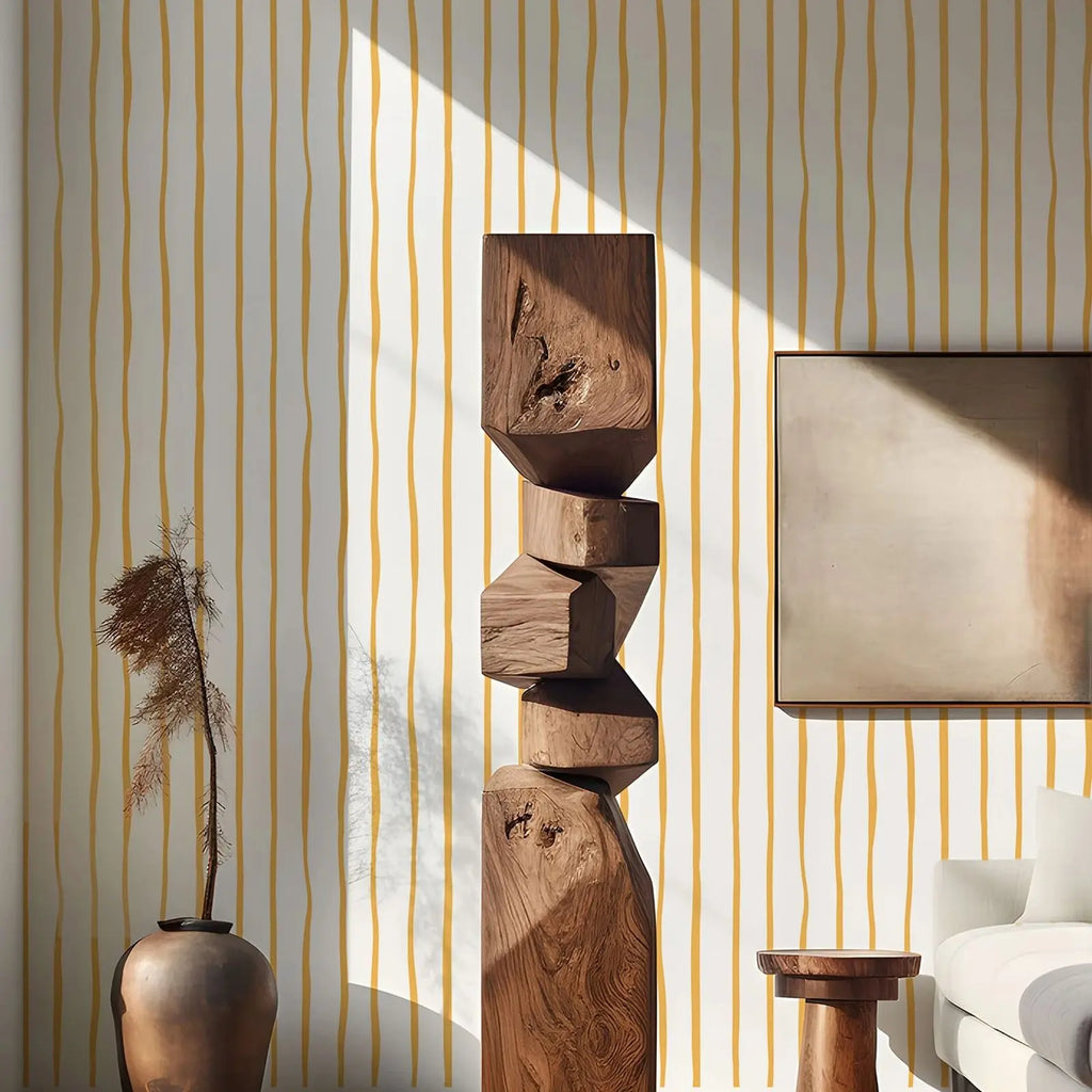 Papel de parede autocolante com riscas verticais amarelas, decoração de parede elegante