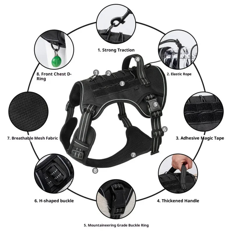 Large Dog Tactical Vest Multi-Function MOLLE-Compatible Harness with Anti-Pull Design for Outdoor Training Gear