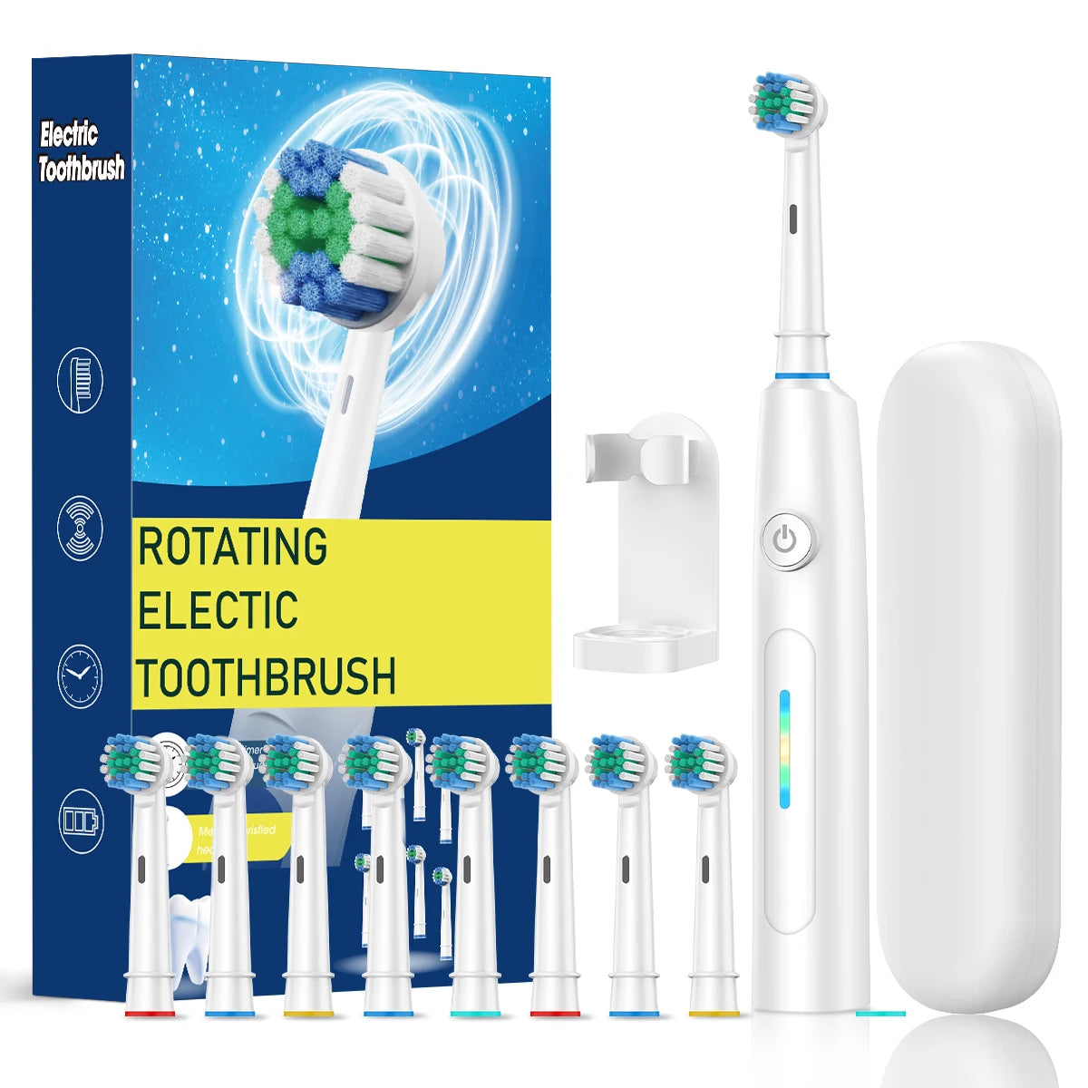 Escova de dentes elétrica rotativa para adultos, limpeza profunda, recarregável, com temporizador inteligente e 8 cabeças de escova