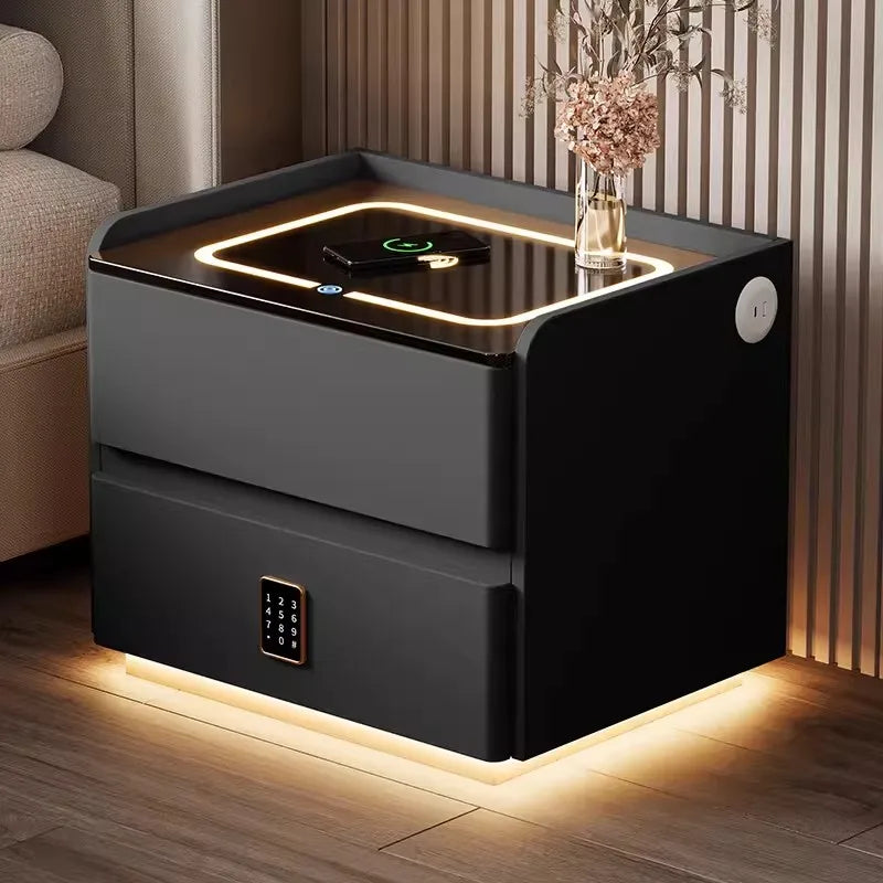 Mesa de cabeceira inteligente em madeira maciça, estilo nórdico, com carregamento sem fios, 2 gavetas, fecho com sensor e iluminação