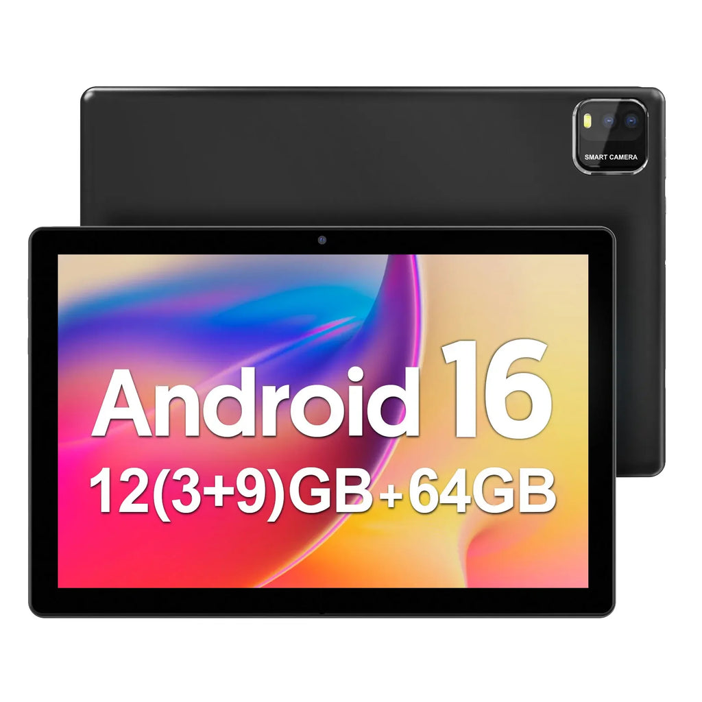 Tablet 2026 Android 16, ecrã de 10", 12 GB RAM + 64 GB ROM, câmara dupla, bateria 6000 mAh