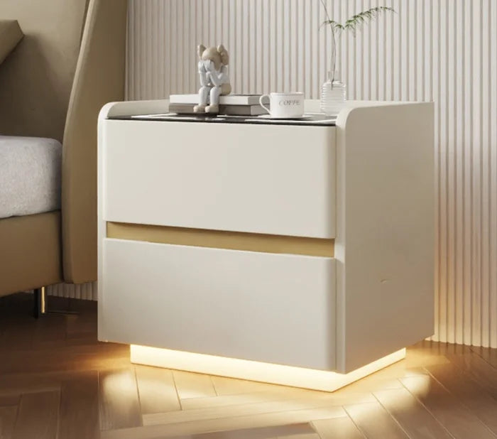 Mesa de cabeceira inteligente em madeira maciça, estilo nórdico, com carregamento sem fios, 2 gavetas, fecho com sensor e iluminação