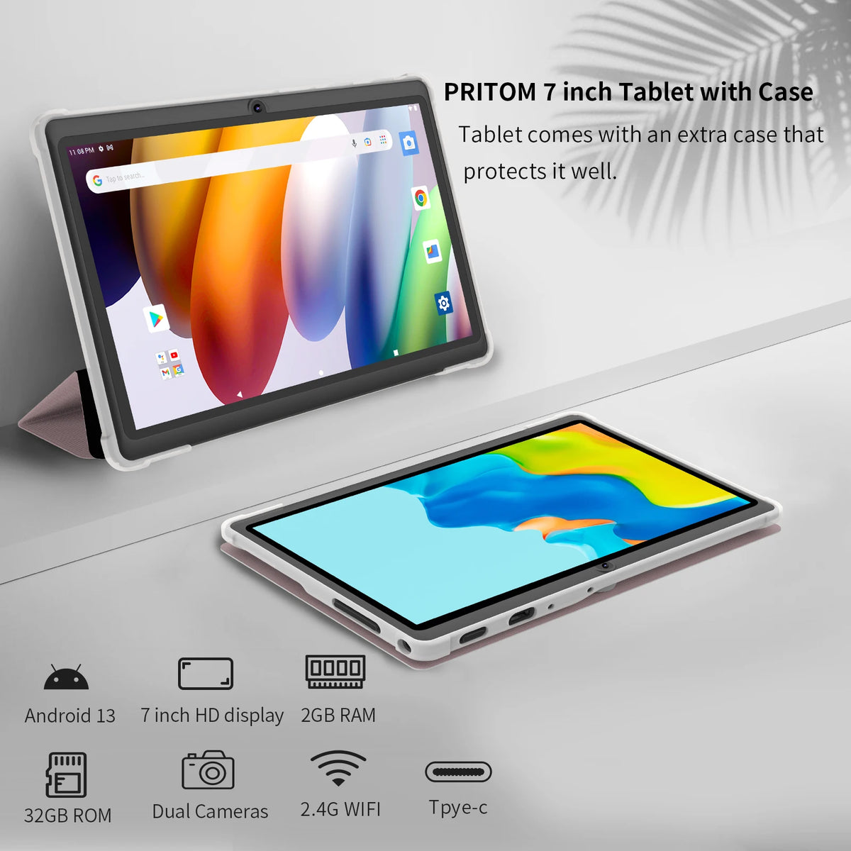 Tablet Pritom de 7 polegadas, Android 13 Quad Core, 4GB de RAM (2GB virtuais + 2GB virtuais), 32GB de ROM, Wi-Fi, câmara dupla, USB-C, com capa em pele