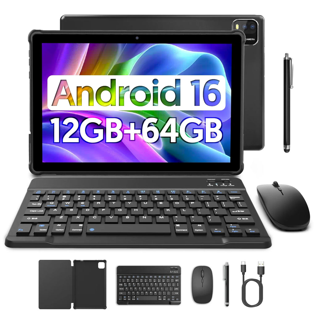 Tablet 2026 Android 16, ecrã de 10", 12 GB RAM + 64 GB ROM, câmara dupla, bateria 6000 mAh