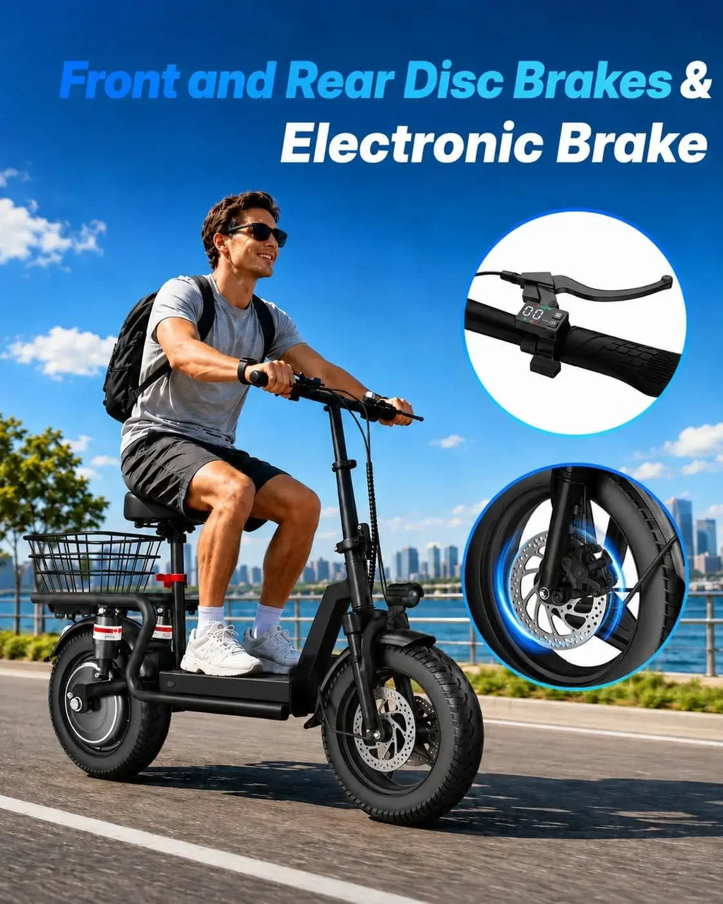 Trotinete elétrica com banco para adultos, motor de 1000 W de potência máxima, velocidade máxima de 40 km/h e autonomia de 56 km