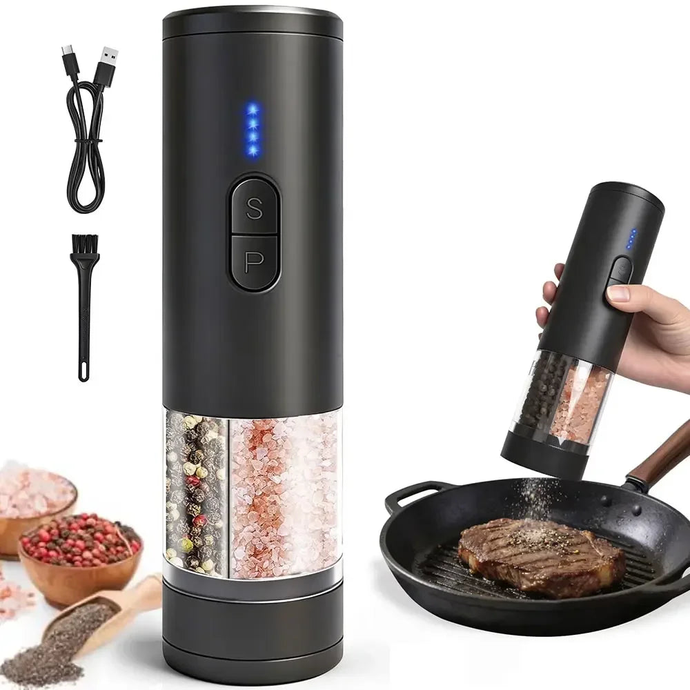 Moinho elétrico automático 2 em 1 de pimenta e sal com câmara dupla e cabeças de moagem separadas, USB, ajustável e operado com uma só mão para cozinha.