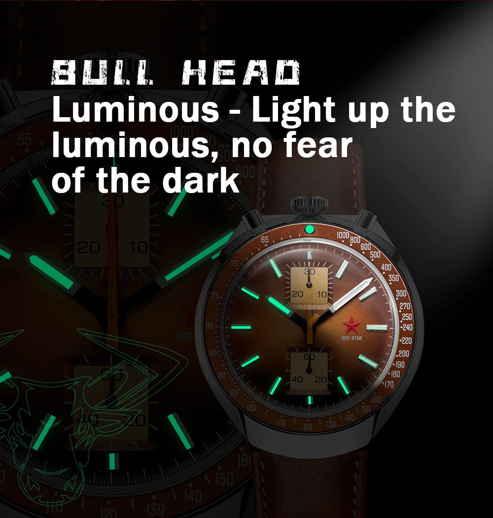 Relógio RED STAR 42mm Bull Head com Movimento Seagull 1963 Cronógrafo Mecânico st1901 Militar Luminoso Masculino Ganso