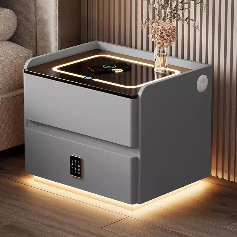 Mesa de cabeceira inteligente em madeira maciça, estilo nórdico, com carregamento sem fios, 2 gavetas, fecho com sensor e iluminação