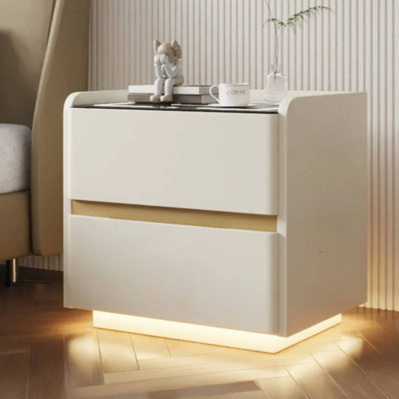 Mesa de cabeceira inteligente em madeira maciça, estilo nórdico, com carregamento sem fios, 2 gavetas, fecho com sensor e iluminação