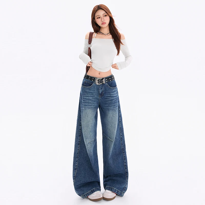 Calça de ganga de mulher estilo vintage americano com modelagem balão e pernas curvas