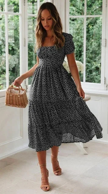 Vestidos Vintage Manga Bufante Verão Praia doce casual gola quadrada floral