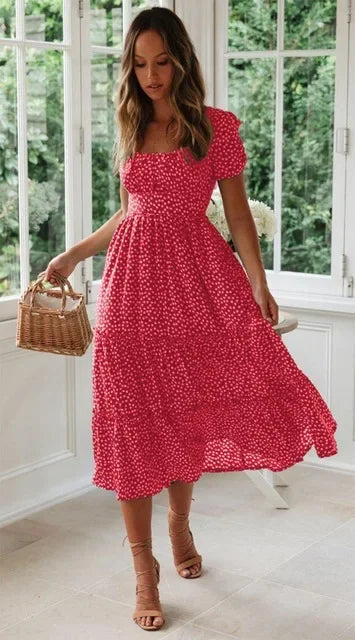 Vestidos Vintage Manga Bufante Verão Praia doce casual gola quadrada floral