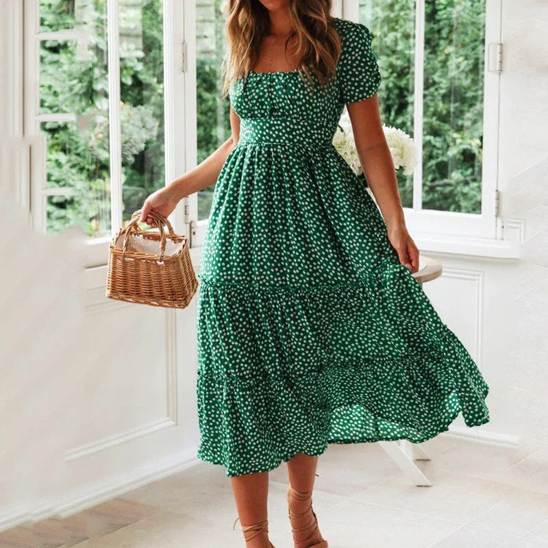 Vestidos Vintage Manga Bufante Verão Praia doce casual gola quadrada floral