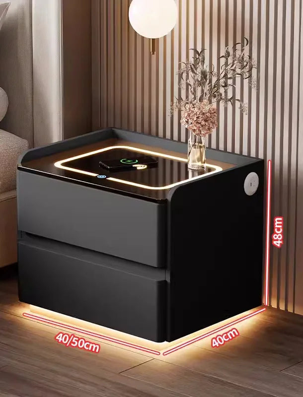 Mesa de cabeceira inteligente em madeira maciça, estilo nórdico, com carregamento sem fios, 2 gavetas, fecho com sensor e iluminação