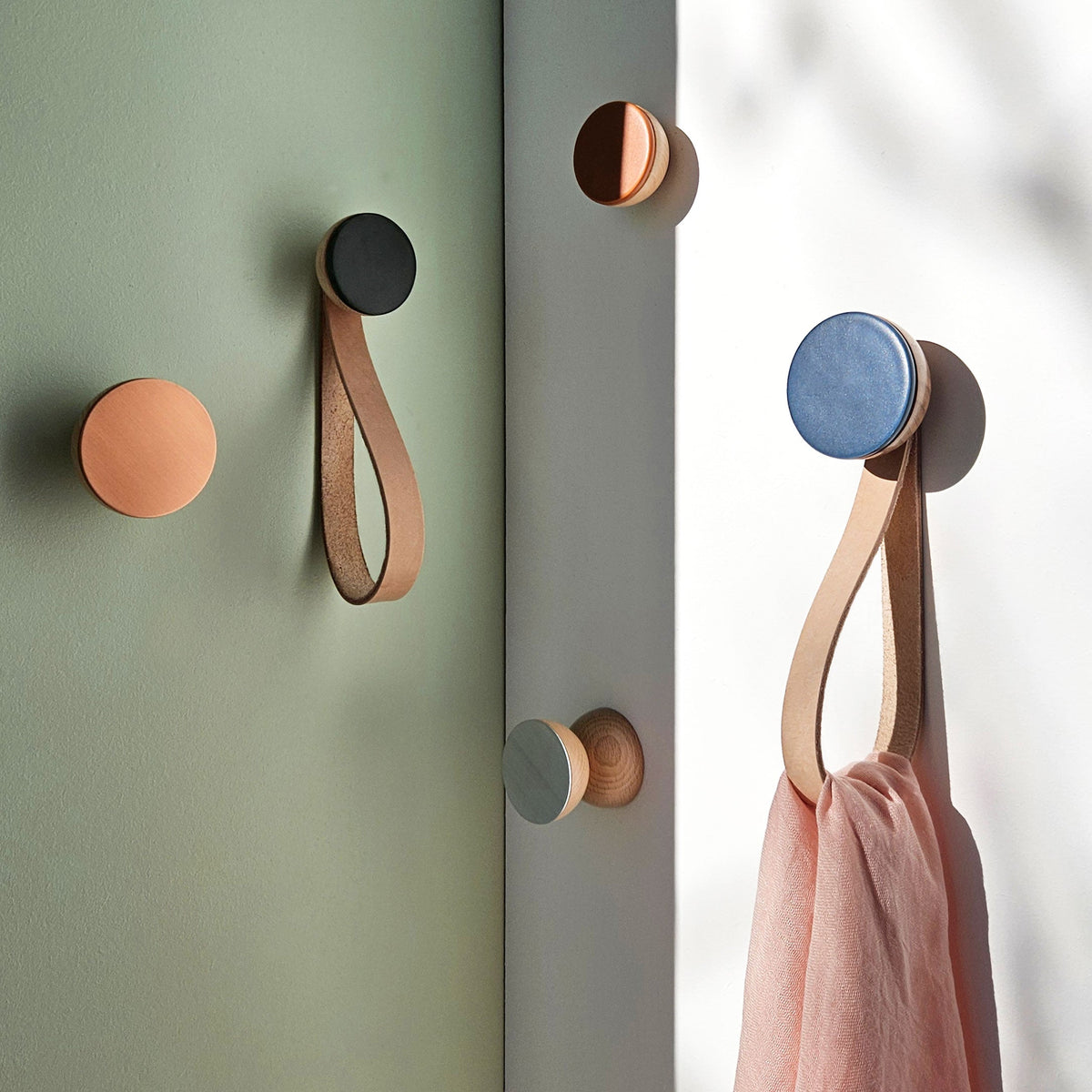 Round Beech Wood & Ceramic Wall Mounted Coat Hook / Hanger with Leather Strap - Dark Blue